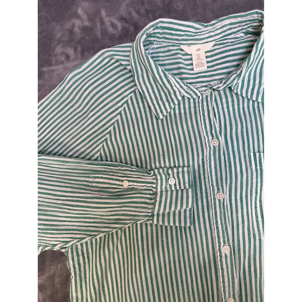 HM Womens Green White Striped Cotton Button Down Shirt Large Raglan Sleeve L